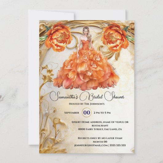 Oranje bruid om bloemige balgons pioenenbloemen te kaart (Voorkant)