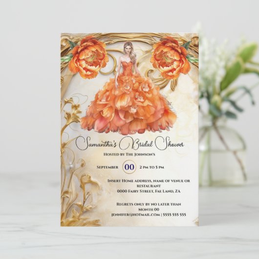 Oranje bruid om bloemige balgons pioenenbloemen te kaart (Staand voorkant)