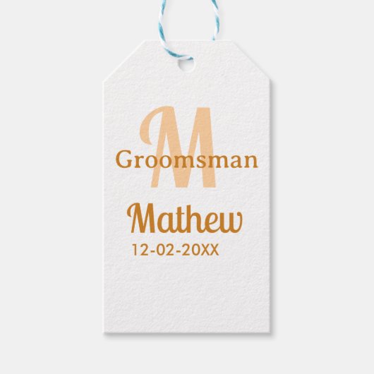 Oranje bruidsjonker naam letter datum mannelijk pa cadeaulabel (Voorkant)