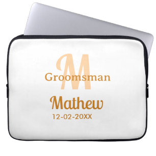 Oranje bruidsjonker naam letter datum mannelijk pa laptop sleeve