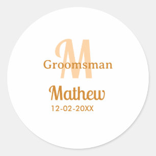 Oranje bruidsjonker naam letter datum mannelijk pa ronde sticker