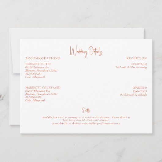 Oranje bruiloft details kaart (Voorkant)