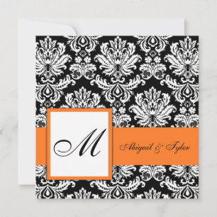 Oranje bruiloft Monogram Damask Uitnodiging