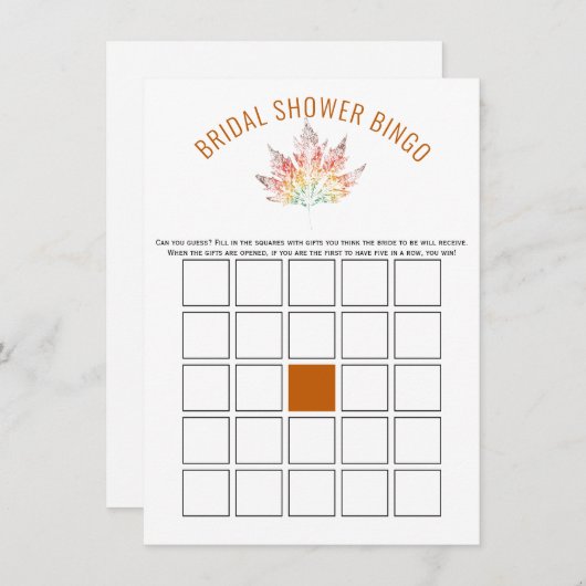 Oranje bruiloftsbingo spelkaart met bladprint informatiekaartje (Voorkant / Achterkant)