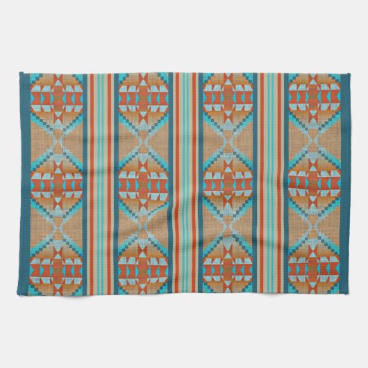 Oranje bruin aqua turquoise blauw Tribal Art Theedoek (Horizontaal)