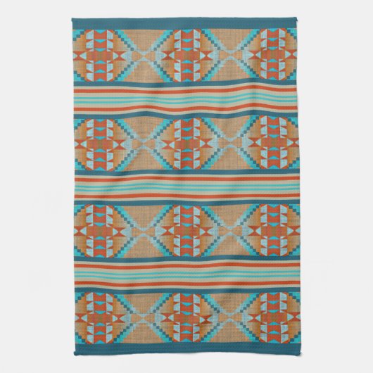 Oranje bruin aqua turquoise blauw Tribal Art Theedoek (Verticaal)