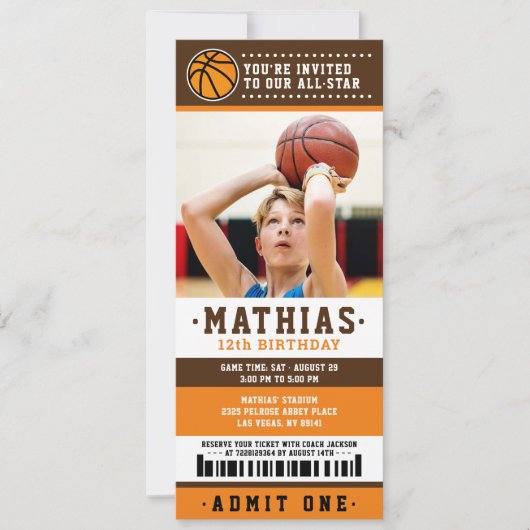Oranje bruin Basketball Ticket Birthday Foto Kaart (Voorkant)