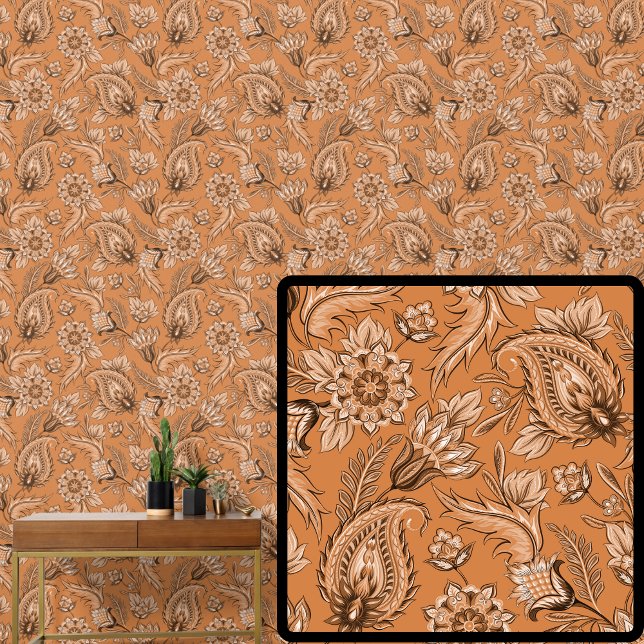 Oranje bruin bloemig paisley Elegant Behang (Creator heeft geüpload)