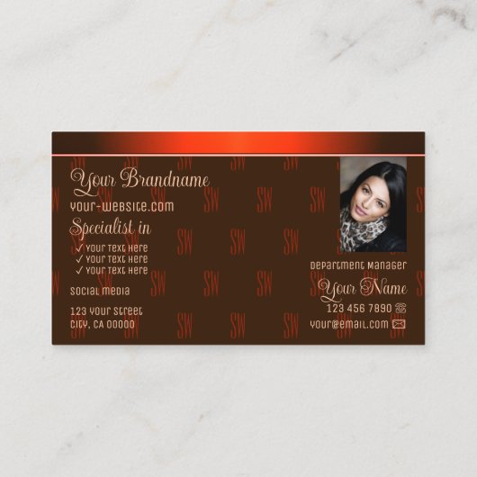 Oranje bruin met foto- en chic-monogram patroon visitekaartje (Achterkant)
