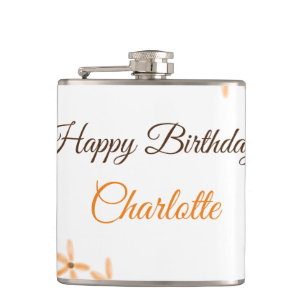 Oranje bruine bloem Happy Birthday Naam toevoegen Heupfles