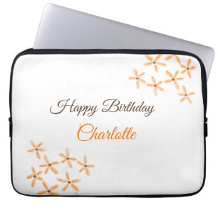Oranje bruine bloem Happy Birthday Naam toevoegen Laptop Sleeve