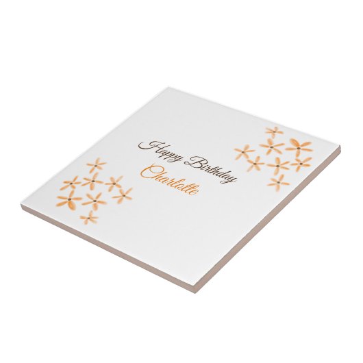 Oranje bruine bloem Happy Birthday Naam toevoegen Tegeltje (Zijkant)