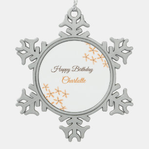 Oranje bruine bloem Happy Birthday Naam toevoegen  Tin Sneeuwvlok Ornament