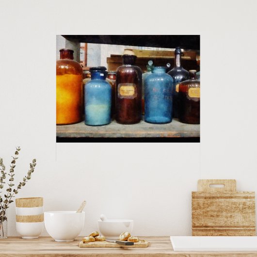 Oranje, bruine en blauwe flessen poster (Keuken)