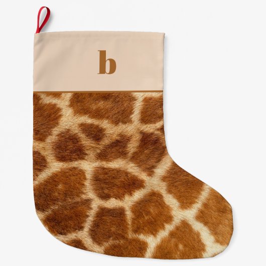 Oranje Bruine Giraffe Print Monogram Kerstmis Grote Kerstsok (Voorkant)
