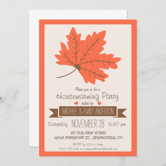 Oranje & Bruine Herfst Leaf Housewarming Party Kaart (Voorkant / Achterkant)