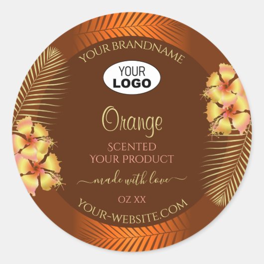 Oranje bruine productlabels Hawaiian Flowers Logo Ronde Sticker (Voorkant)