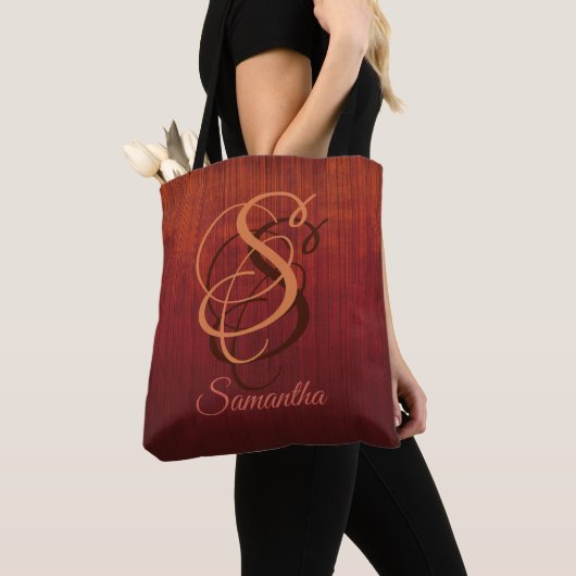 Oranje-bruinkoolmonogram van Burgundy Tote Bag (Dichtbij)