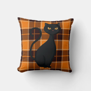 Oranje Buffalo Plaid Spooky Black Cat Halloween Kussen