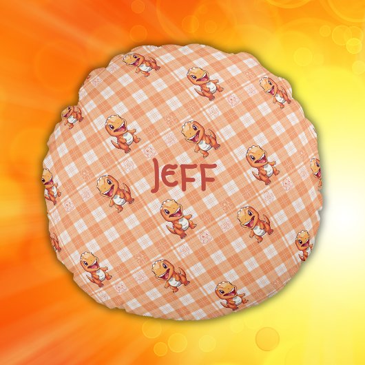 Oranje Buffelcontrole met Dinosaurussen en Monogra Rond Kussen