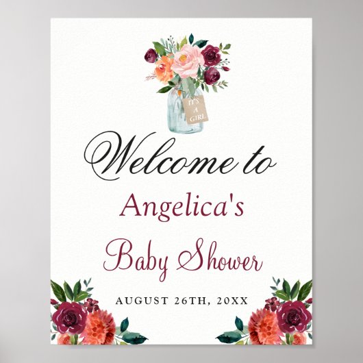 Oranje Burgundy Mason Jar Baby shower Sign. Poster (Voorkant)