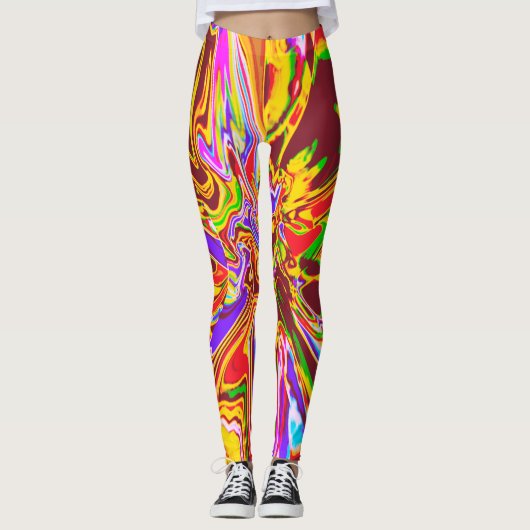 Oranje, Burgundy Psychedelic Flower Design Legging (Voorkant)