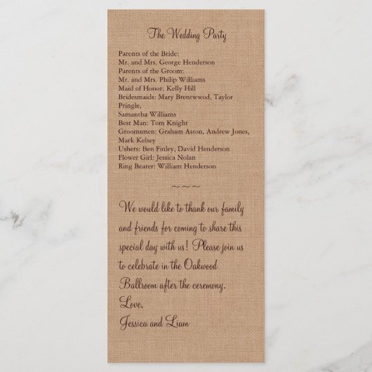 Oranje Burlap Monogrammed Wedding Programma Programmakaart (Achterkant)