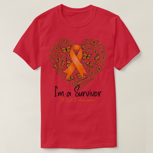 Oranje Butterfly Heart I'm a Survivor ADHD Awarene T-shirt (Design voorkant)