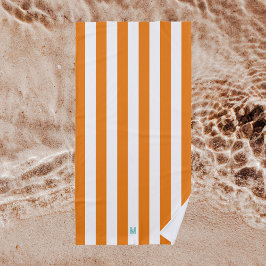 Oranje Cabana Stripe & gepersonaliseerd Blauwgroen Strandlaken