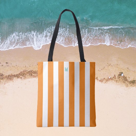Oranje Cabana Stripe & gepersonaliseerd Blauwgroen Tote Bag