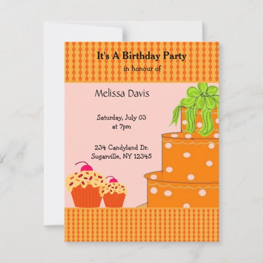 Oranje Cake and Cupcakes Birthday Invitation Kaart (Voorkant)