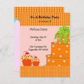 Oranje Cake and Cupcakes Birthday Invitation Kaart (Voorkant / Achterkant)