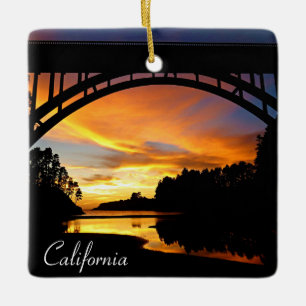 Oranje Californische kustzonsondergang onder Brug Keramisch Ornament