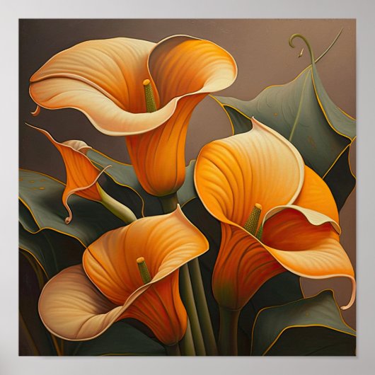 Oranje Calla Lilies Lily Bloemenkunst Print Poster (Voorkant)