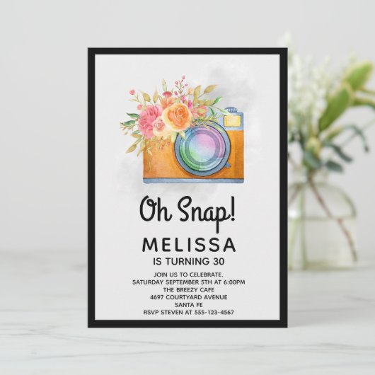 Oranje camera Boho en bloemen Waterverf Birthday Kaart (Staand voorkant)