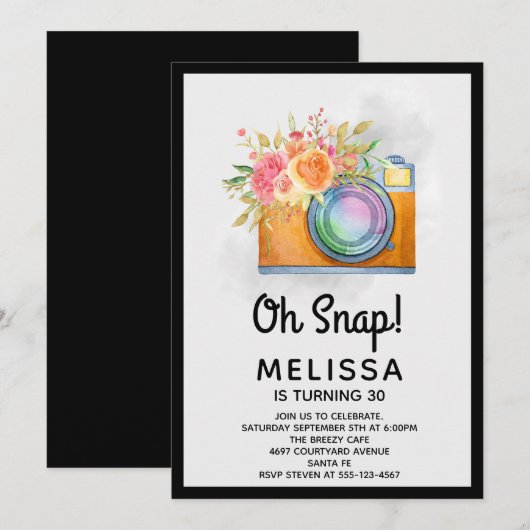 Oranje camera Boho en bloemen Waterverf Birthday Kaart (Voorkant / Achterkant)