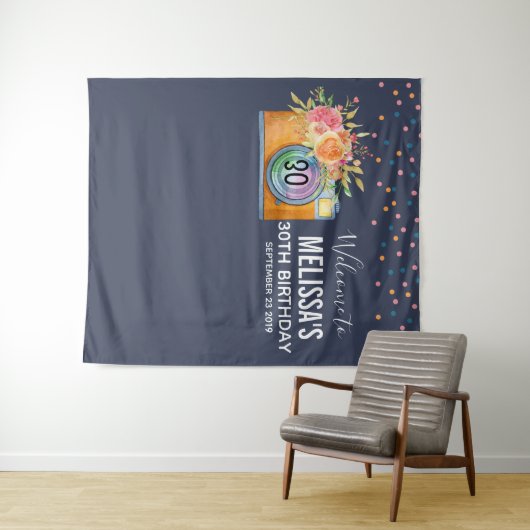 Oranje camera Boho en bloemen Waterverf Birthday Wandkleed (In Situ (horizontaal))