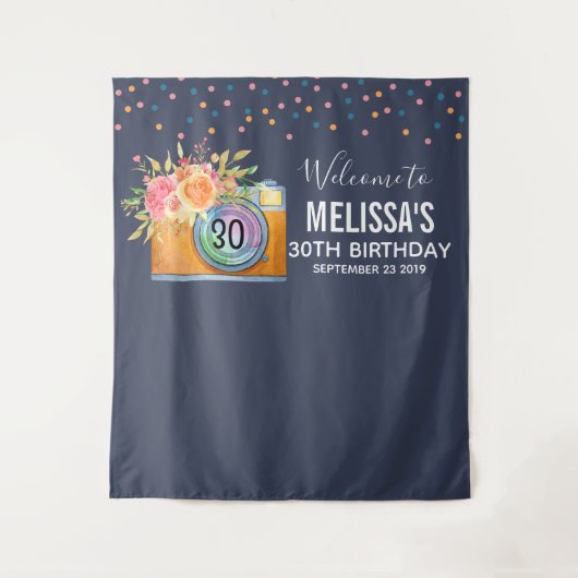 Oranje camera Boho en bloemen Waterverf Birthday Wandkleed (Voorkant)