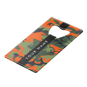 Oranje camouflagepatroon, jouw naam, personaliseer creditkaart flessenopener