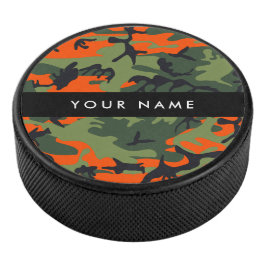 Oranje camouflagepatroon, jouw naam, personaliseer hockey puck