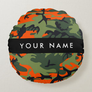 Oranje camouflagepatroon, jouw naam, personaliseer rond kussen