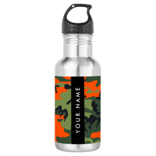 Oranje camouflagepatroon, jouw naam, personaliseer waterfles 