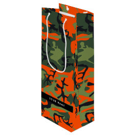 Oranje camouflagepatroon, uw naam, personaliseer wijn cadeautas