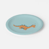 Oranje cartoon dinosaurus dragen verjaardagsfeestj papieren bordje (Gekanteld)