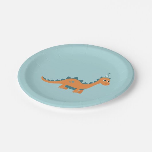 Oranje cartoon dinosaurus dragen verjaardagsfeestj papieren bordje (Gekanteld)