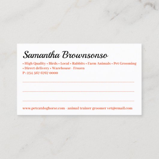 Oranje Cartoon Pet Animal Benoeming Visitekaartje (Achterkant)