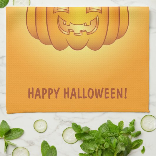 Oranje Cartoon pompoen en Happy Halloween-tekst Theedoek (Gevouwen)