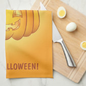Oranje Cartoon pompoen en Happy Halloween-tekst Theedoek (Quarter Fold)