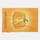 Oranje Cartoon pompoen en Happy Halloween-tekst Theedoek (Horizontaal)