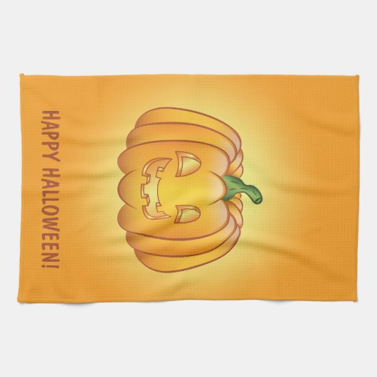 Oranje Cartoon pompoen en Happy Halloween-tekst Theedoek (Horizontaal)